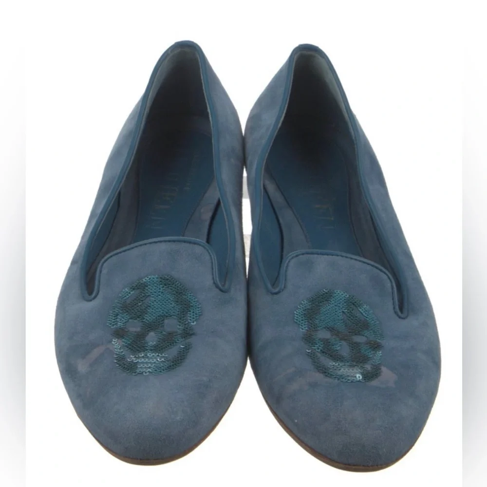 Alexander McQueen Embroidered Sequined Skull Smoking loafer Cadet Blue